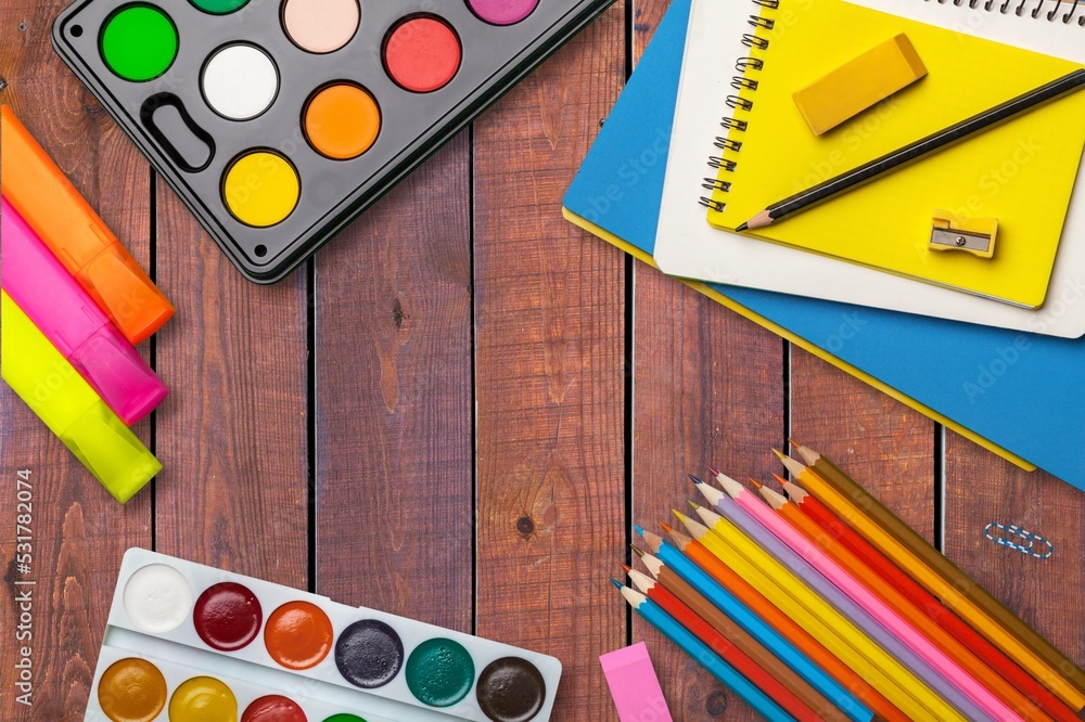 Set of artists paint, notebook and pencils, creativity concept Set of artists paint, notebook and pencils, creativity concept