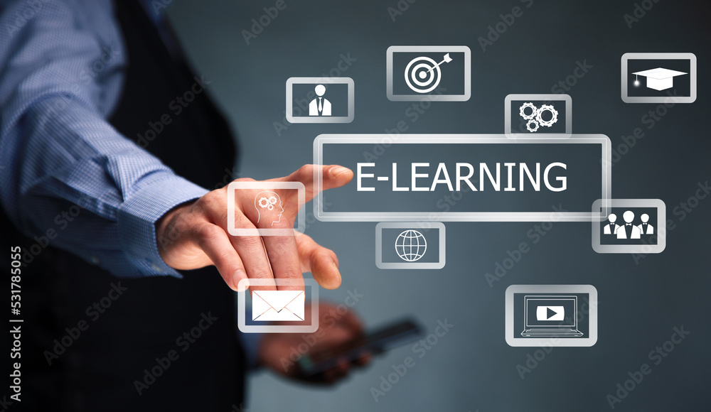 man shows in hands e-learning on mobile devices. man shows in hands e-learning on mobile devices.