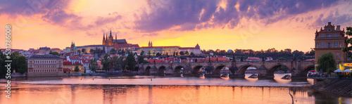 Fotografie, Obraz City summer landscape at sunset, panorama, banner - view of the Charles Bridge a