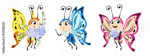 Vector illustration of cute and beautiful butterflies on white background. Charming characters in different poses fly happily with flowers, surprised in cartoon style.