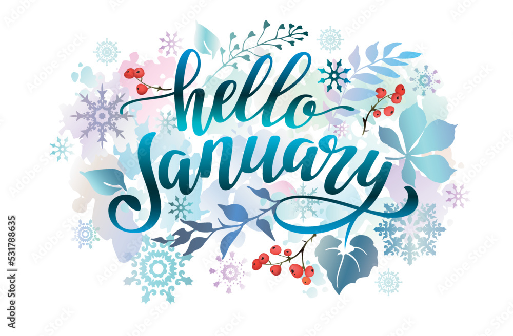 Hello January banner with colorful leaves, snowflakes, berries and lettering inscription. Winter background.