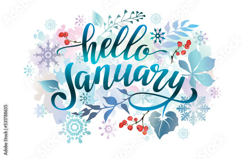 Hello January banner with colorful leaves, snowflakes, berries and lettering inscription. Winter background.