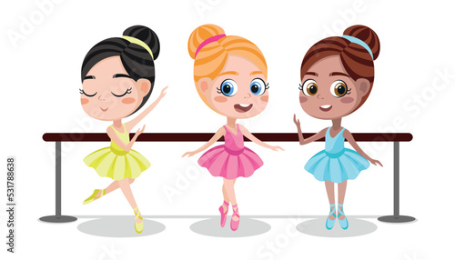 Vector illustration of cute and beautiful ballerinas and gymnasts on white background. Charming fabulous characters in different poses stand near the ballet barre in cartoon style.