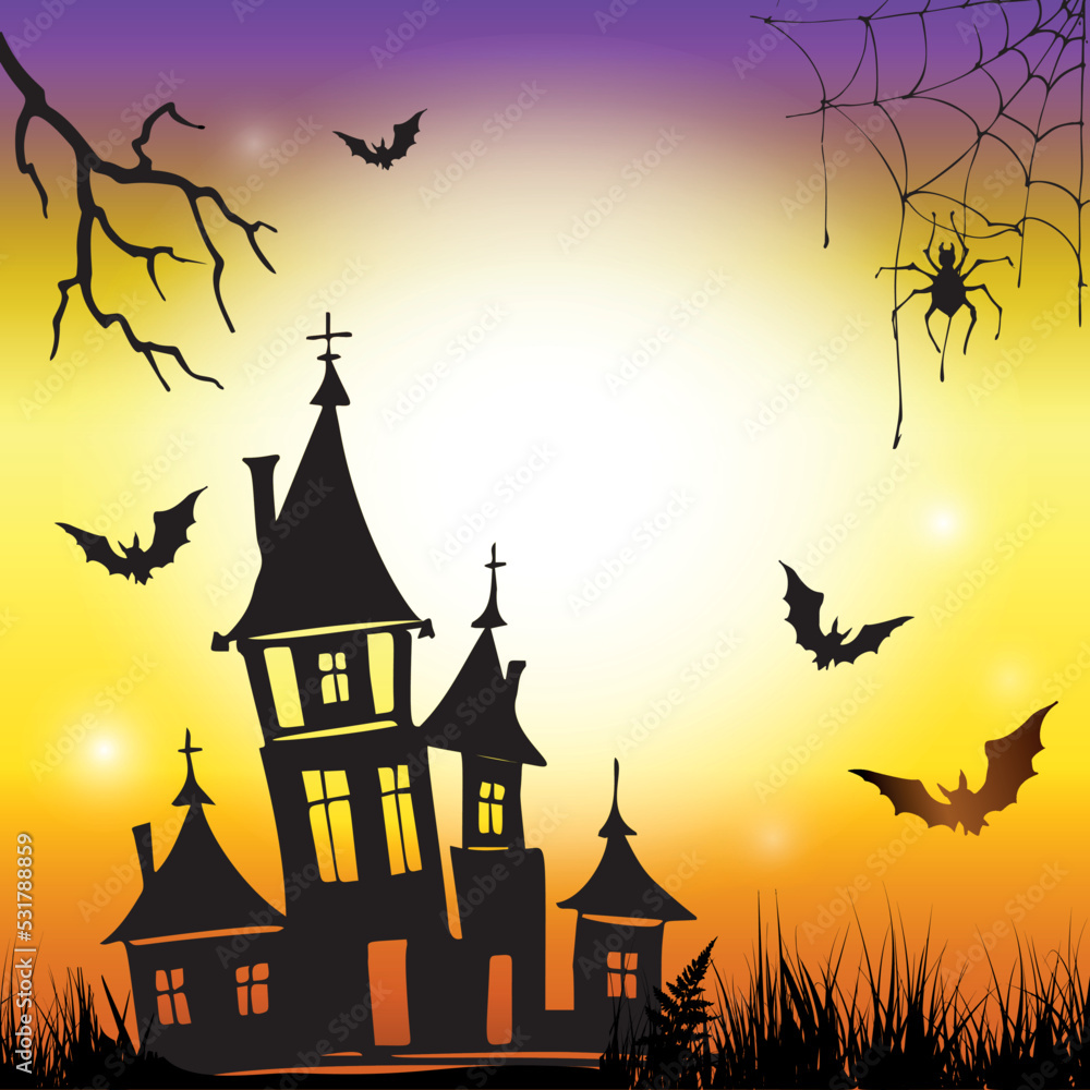 Halloween square background design with castle, bats and spider. Vector design template for offer, coupon, flyer, celebration banner, voucher.