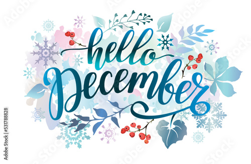 Hello December banner with colorful leaves, snowflakes, berries and lettering inscription. Winter background.