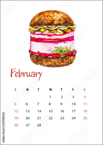 February 2023 calendar sheet, juicy ukrainian hamburger with bacon, pickled cucumbers, onions, tomatoes and garlic cloves with rye bread watercolor illustration isolated on white background, a5