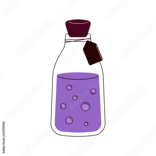 Bottle with elixir vector flat Illustration. Halloween decoration. Magic elixir.