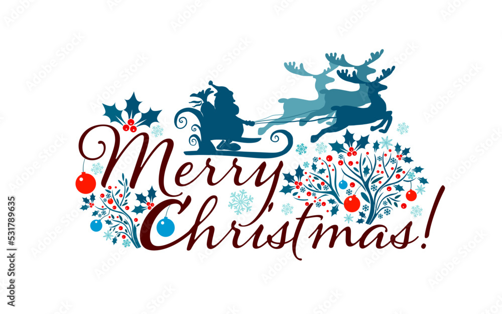 Merry Christmas banner. Santa Claus on reindeer. Vector illustration