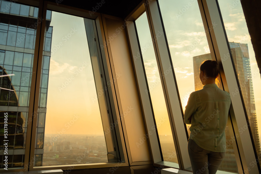 Back view of woman looking at cityscape through window of skyscraper. Summer time, sunset, warm illumination. Success, opportunity, sightseeing, discover and future concept Back view of woman looking at cityscape through window of skyscraper. Summer time, sunset, warm illumination. Success, opportunity, sightseeing, discover and future concept