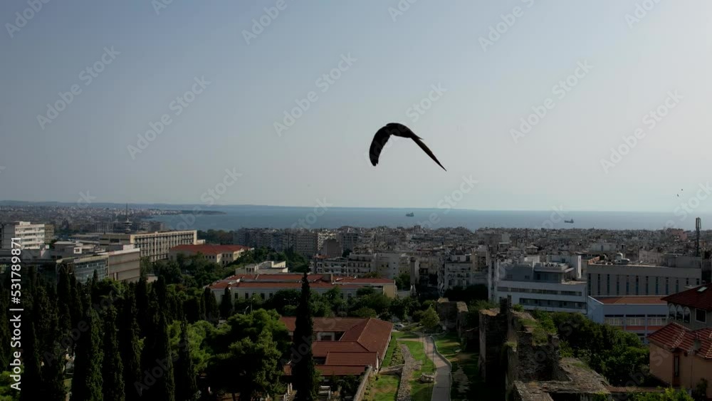 Aerial view of Thessaloniki on a sunny day. White buildings and the fortress drone shot. Flyover rooftops with sea in the background. Travel destination rich with history. Summer day in the city Aerial view of Thessaloniki on a sunny day. White buildings and the fortress drone shot. Flyover rooftops with sea in the background. Travel destination rich with history. Summer day in the city