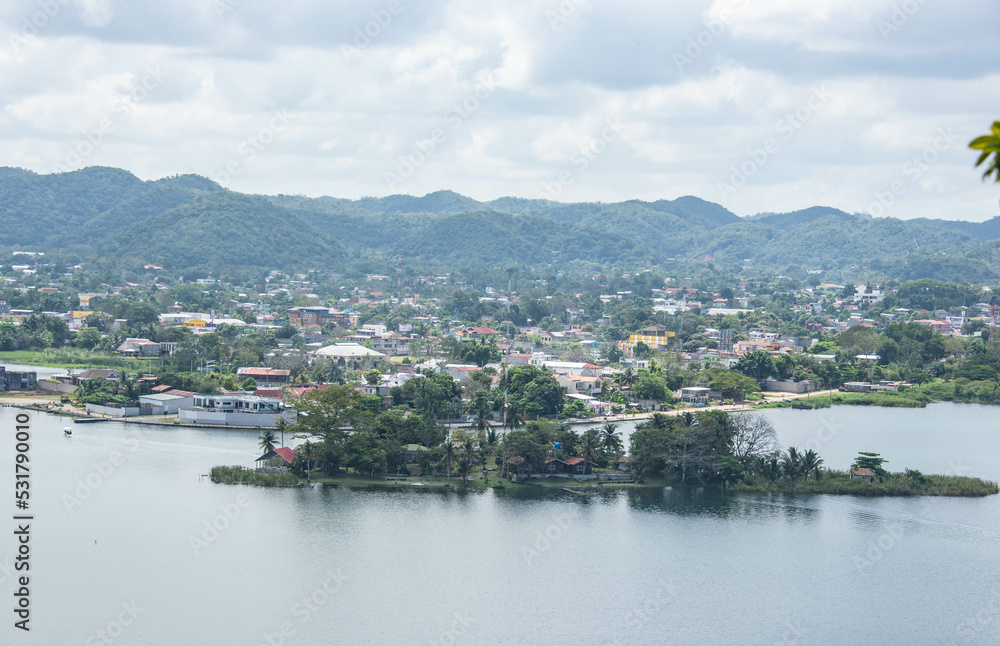 View of Flores and Lake Peten Itza , Petén, Guatemala