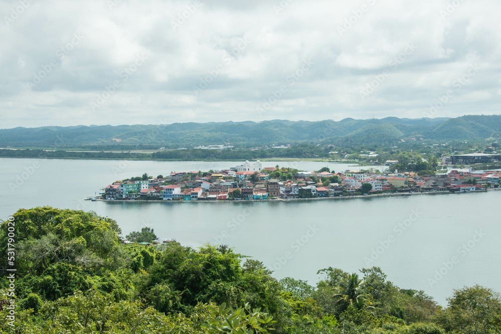 View of Flores and Lake Peten Itza , Petén, Guatemala
