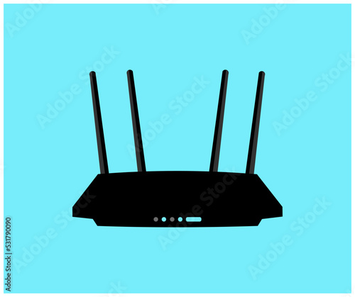 Modern Wireless wi-fi black router with four antennas and blue indicator logo design. Wireless router concept, internet signal, internet, connected, home technology vector design and illustration.
