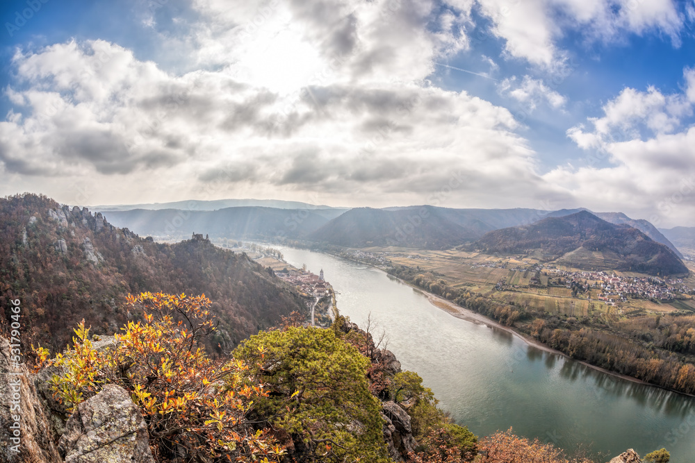 Panorama of Duernstein village with castle and Danube river during autumn in Austria, UNESCO