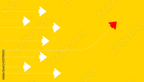 the red arrow travels in a different direction than the others. Thinking different, Business leader, personality development idea concept.