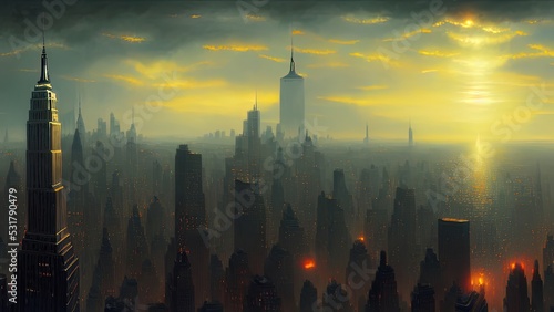 Dark neon city with New York skyscrapers  Light in the windows  neon streets  top view of the city  sunset. 3D illustration.
