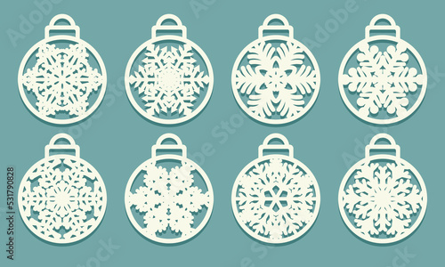 Snowflakes laser cut Xmas balls cutout of paper Set of sample Templates Christmas tree decor Christmas card for party laser or plotter cutting printing serigraphy or wood carving