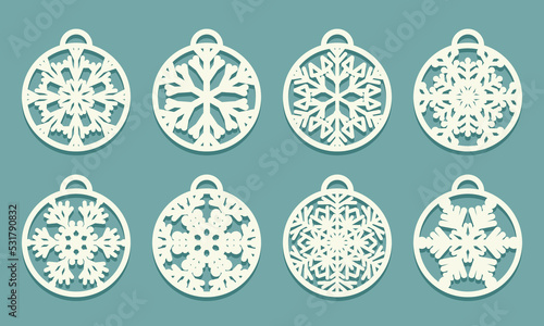 Snowflakes laser cutting Christmas balls cut out of paper Set of sample Templates Xmas tree decoration Card for party laser or plotter cut printing serigraphy or wood carving
