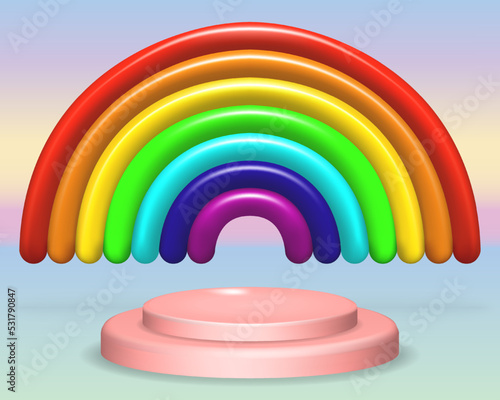 Pink podium on blue sky with rainbow background. Creative ideas minimal. For product presentation or display mockup design. Realistic 3d element for pedestal winner, banner, stage