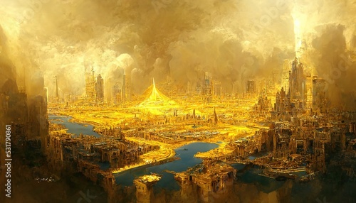 Fotografia The Golden City of Babylon, painting illustration, Babylon city skyline
