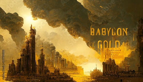 Photographie The Golden City of Babylon, painting illustration, Babylon city skyline