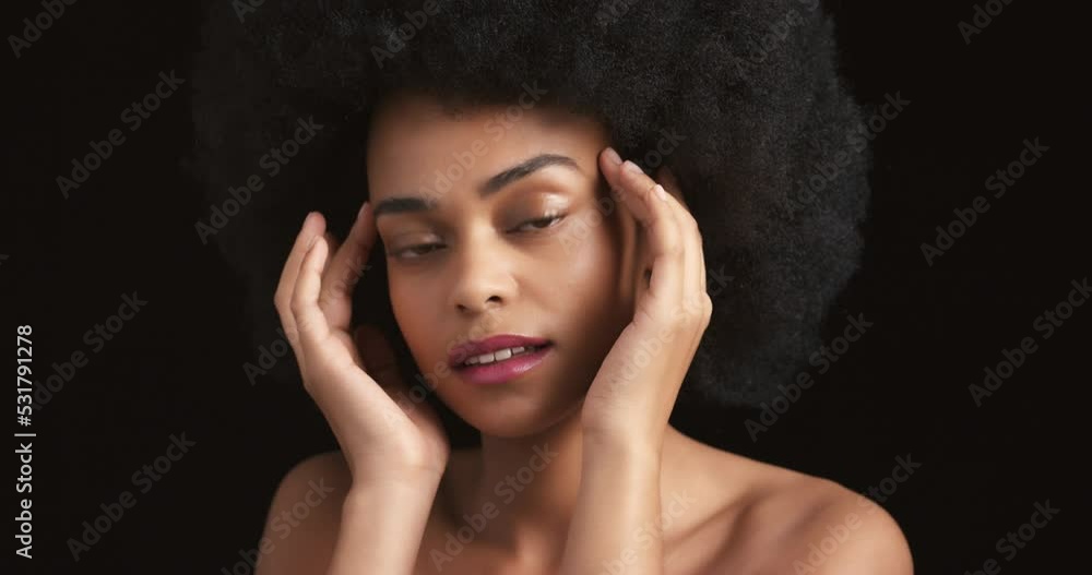 Beauty portrait, black woman touching skincare and natural wellness, feminine afro and clean cosmetics on dark black background. Healthy female, young body care and bare model grooming for fresh face Beauty portrait, black woman touching skincare and natural wellness, feminine afro and clean cosmetics on dark black background. Healthy female, young body care and bare model grooming for fresh face