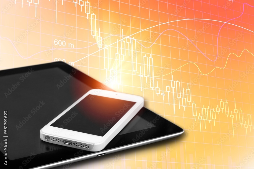 Blank screen on smartphone with a chart on background Blank screen on smartphone with a chart on background