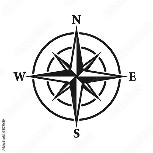 Vintage marine wind rose, nautical chart. Monochrome navigational compass with cardinal directions of North, East, South, West. Geographical position, cartography and navigation. Vector illustration.