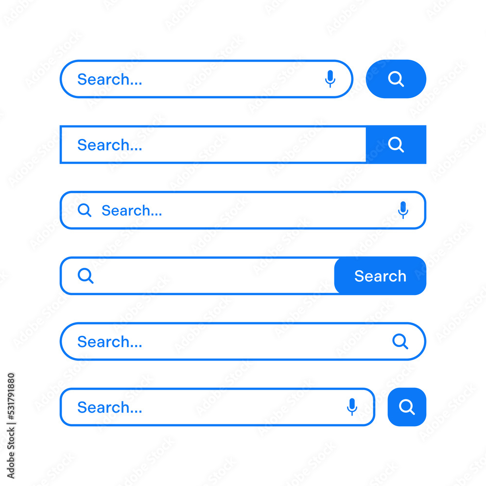 Various search bars with outline border. Internet browser engine with search box, address bar and text field. UI design, website interface element, web icons and push button. Vector illustration Various search bars with outline border. Internet browser engine with search box, address bar and text field. UI design, website interface element, web icons and push button. Vector illustration