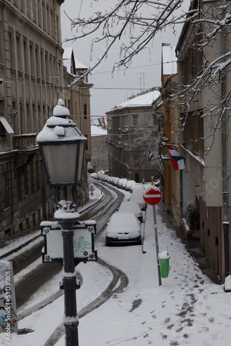 capital city streets budapest after a night falling a lot of snow