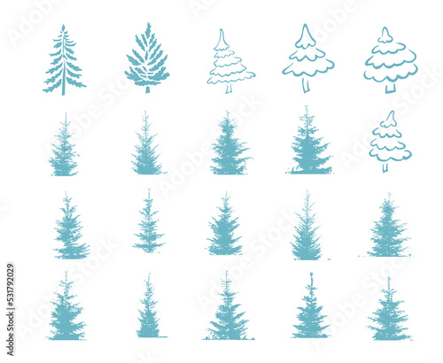 Christmas trees blue set. Vector illustration