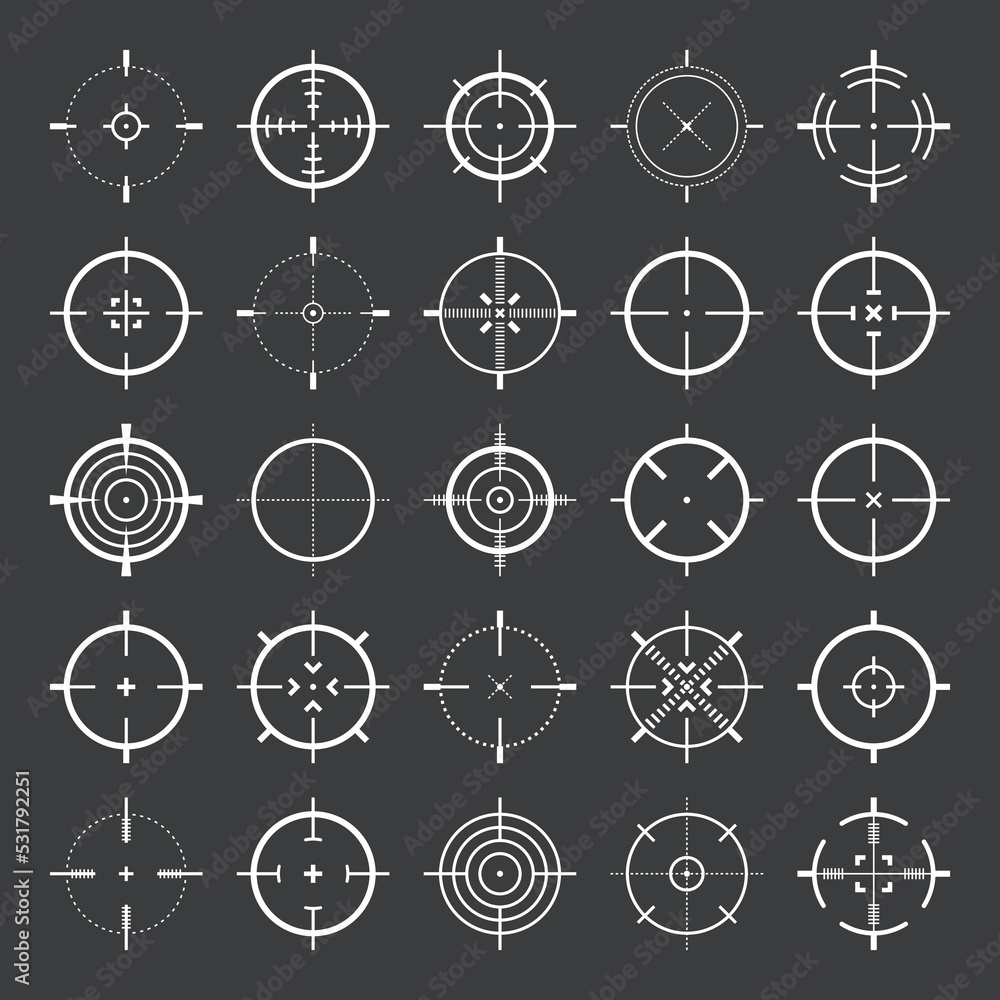 Crosshair, gun sight vector icons. Bullseye, target or aim symbol