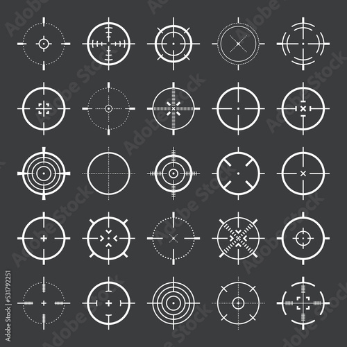 Crosshair, gun sight vector icons. Bullseye, target or aim symbol. Military rifle scope, shooting mark sign. Targeting, aiming for a shot. Archery, hunting and sports shooting. Game UI element.
