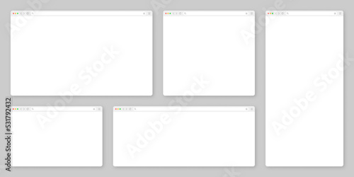 Blank web browser window with toolbar and search field. Modern website, internet page in flat style. Browser mockup for computer, tablet and smartphone. Adaptive user interface. Vector illustration
