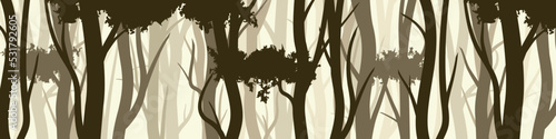 Wild forest with various coniferous or deciduous trees. Wide horizontal banner with various tree trunks silhouettes. Dark misty pine forest landscape, panorama. Vector illustration