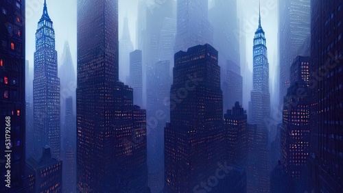 Dark neon city with New York skyscrapers, Light in the windows, neon streets, top view of the city, sunset. 3D illustration.