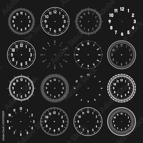 Mechanical clock faces with arabic numerals, bezel. White watch dial with minute, hour marks and numbers. Timer or stopwatch element. Blank measuring circle scale with divisions. Vector illustration
