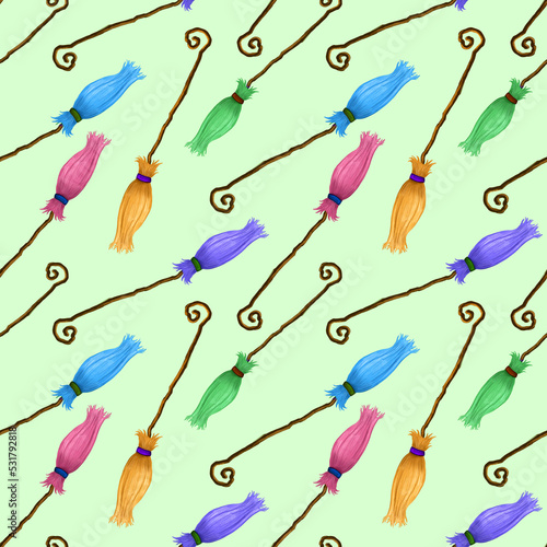 Magic flying brooms. watercolor illustration. witch's broom. Seamless pattern