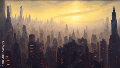 Dark neon city with New York skyscrapers, Light in the windows, neon streets, top view of the city, sunset. 3D illustration.