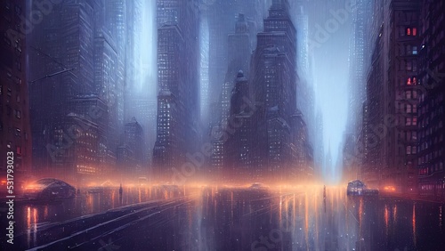 Dark neon city with New York skyscrapers, Light in the windows, neon streets, top view of the city, sunset. 3D illustration.