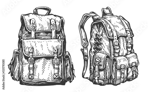 Travel backpack vintage sketch. Camping, hiking bag. Adventure concept. Expedition, backpacking vector illustration