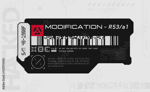 Cyberpunk decals set. Set of vector stickers and labels in futuristic style. Inscriptions and symbols.