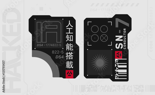 Cyberpunk decals set. Set of vector stickers and labels in futuristic style. Inscriptions and symbols, Japanese hieroglyphs for AI controlled, warning.