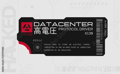 Cyberpunk decals set. Set of vector stickers and labels in futuristic style. Inscriptions and symbols, Japanese hieroglyphs for high voltage, warning.