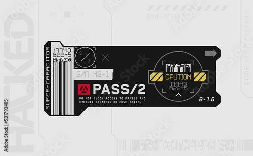 Cyberpunk decals set. Set of vector stickers and labels in futuristic style. Inscriptions and symbols.