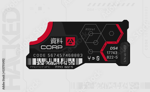 Cyberpunk decals set. Set of vector stickers and labels in futuristic style. Inscriptions and symbols, Japanese hieroglyphs for warning.