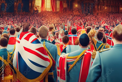 English people of England celebrating the new King of the United Kingdom in the crowning ceremony in London. 3D illustration, digital watercolor painting.