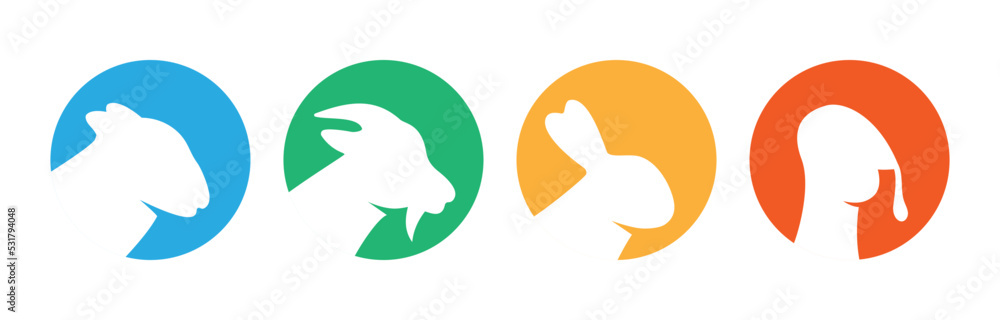 Set of farm animal head silhouettes. Turkey, Goat, Sheep, Rabbit head silhouettes. Vector illustration. Farm animal in colored circle icons Set of farm animal head silhouettes. Turkey, Goat, Sheep, Rabbit head silhouettes. Vector illustration. Farm animal in colored circle icons