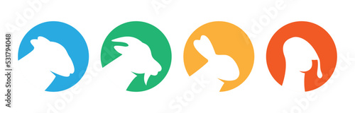 Set of farm animal head silhouettes. Turkey, Goat, Sheep, Rabbit head silhouettes. Vector illustration. Farm animal in colored circle icons