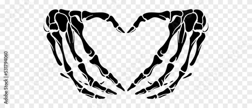 Skeleton hands howing heart shape. T-shirt print for Horror or Halloween. Hand drawing illustration isolated on white background. Vector EPS 10